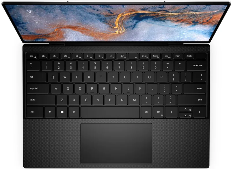 Dell XPS 13 9310 -- pohled shora na klávesnici a touchpad
