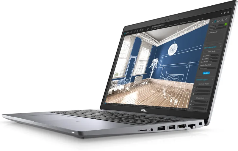 Dell Precision 3560 -- pravý boční profil se čtečkou SD karet, USB-A, HDMI a RJ-45