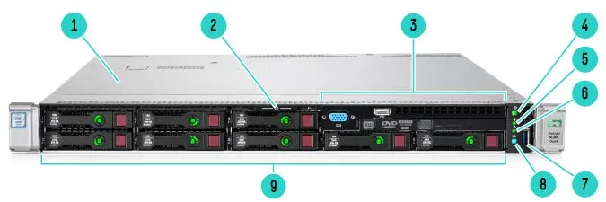 HP ProLiant DL360 Gen9 – čelní pohled (8× SFF)