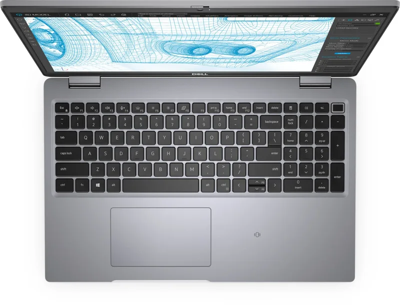 Dell Precision 3561 -- pohled shora na klávesnici s numerickým blokem a čtečkou otisků prstů