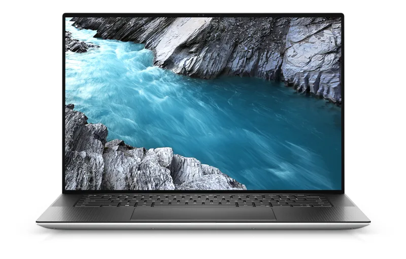 Dell XPS 15 9500 -- pohled zepředu s otevřeným displejem