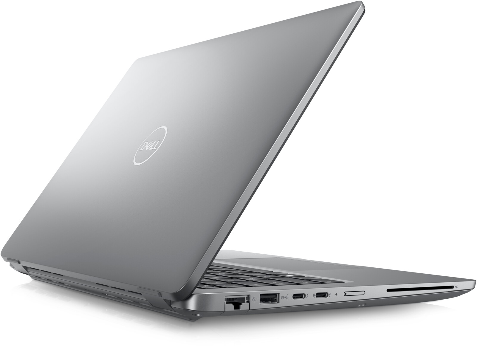 Dell Latitude 5450 -- pohled na otevřený notebook zezadu s klávesnicí a levými porty