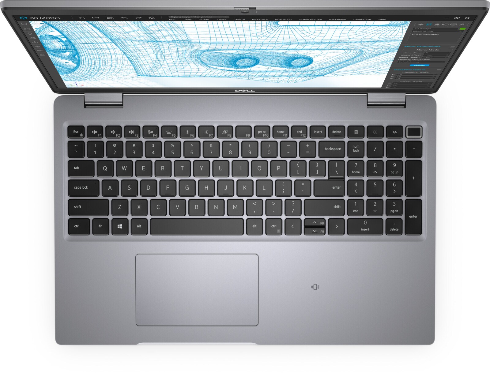 Dell Precision 3561 -- pohled shora na klávesnici s numerickým blokem a čtečkou otisků prstů