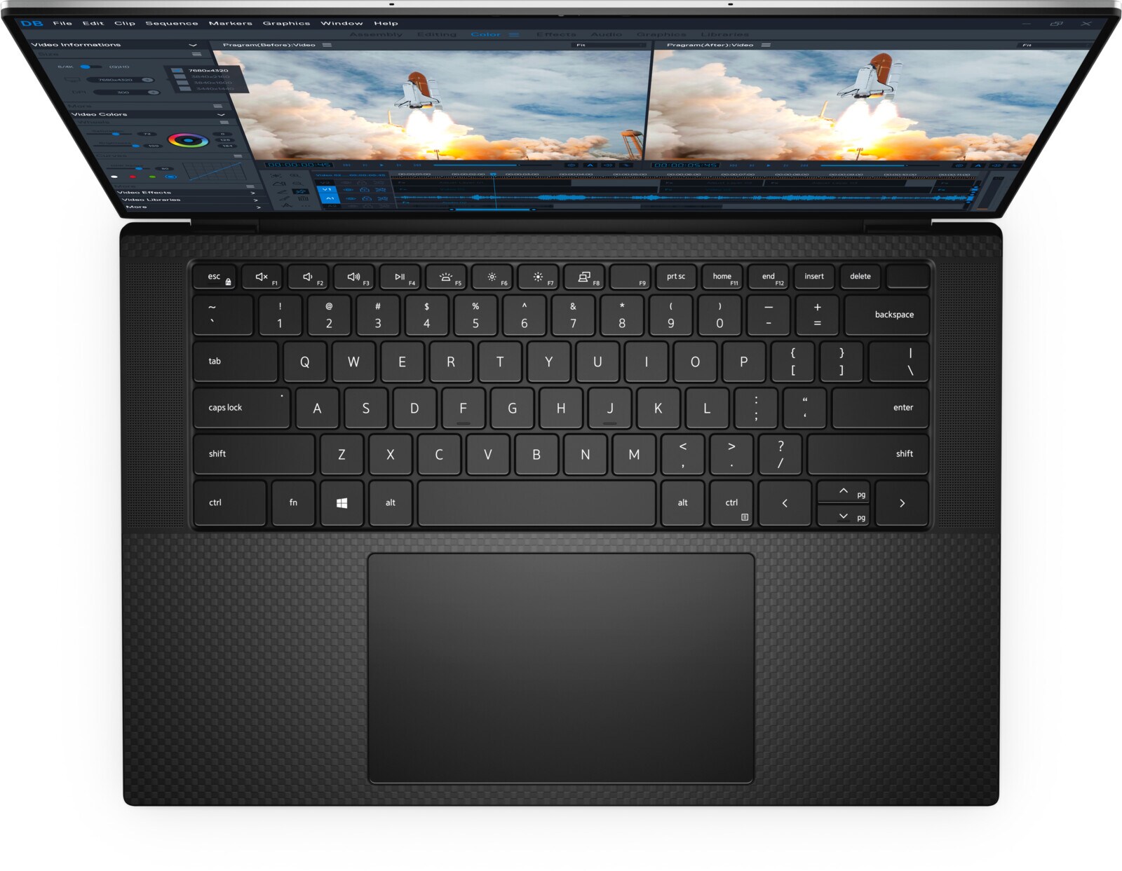 Dell Precision 5550 -- pohled shora na klávesnici a touchpad