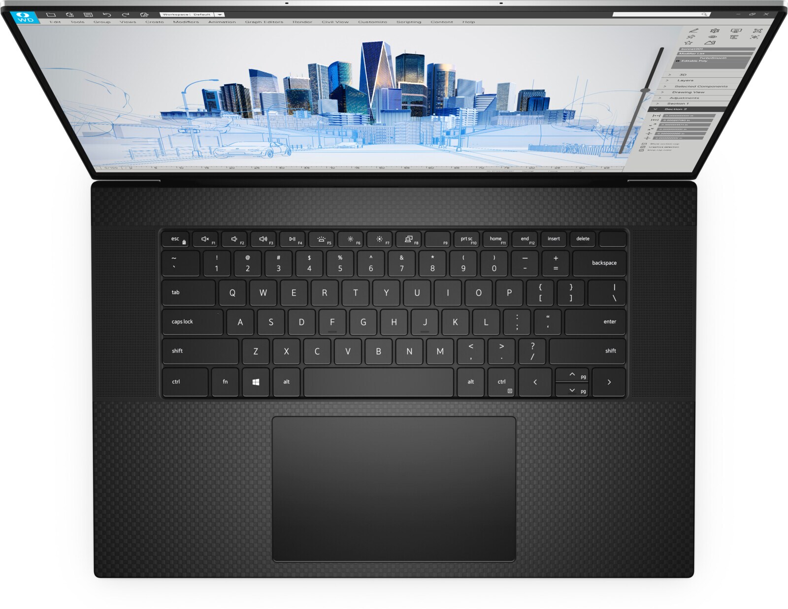 Dell Precision 5760 -- pohled shora na klávesnici a touchpad