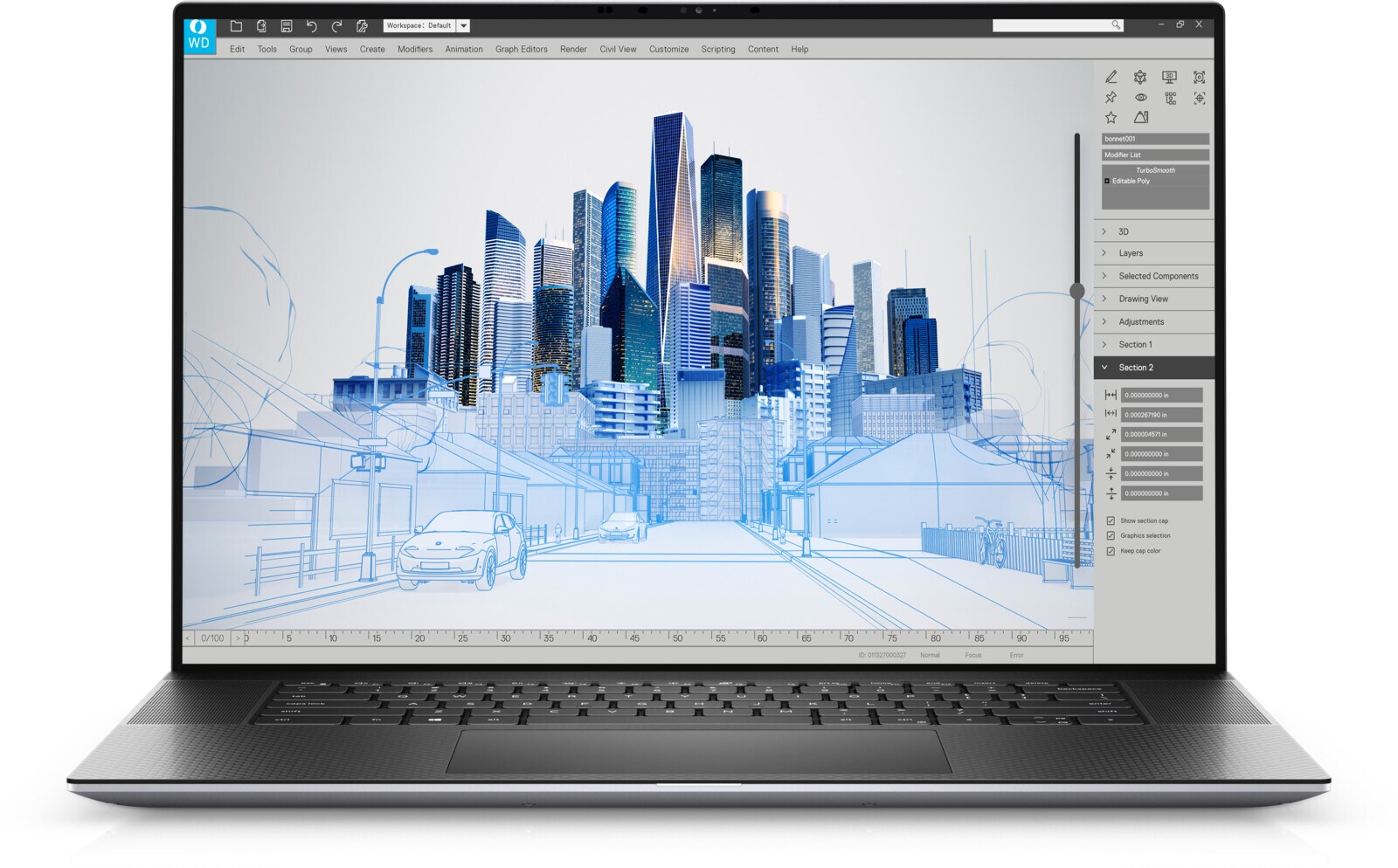 Dell Precision 5760 -- pohled zepředu s otevřeným displejem