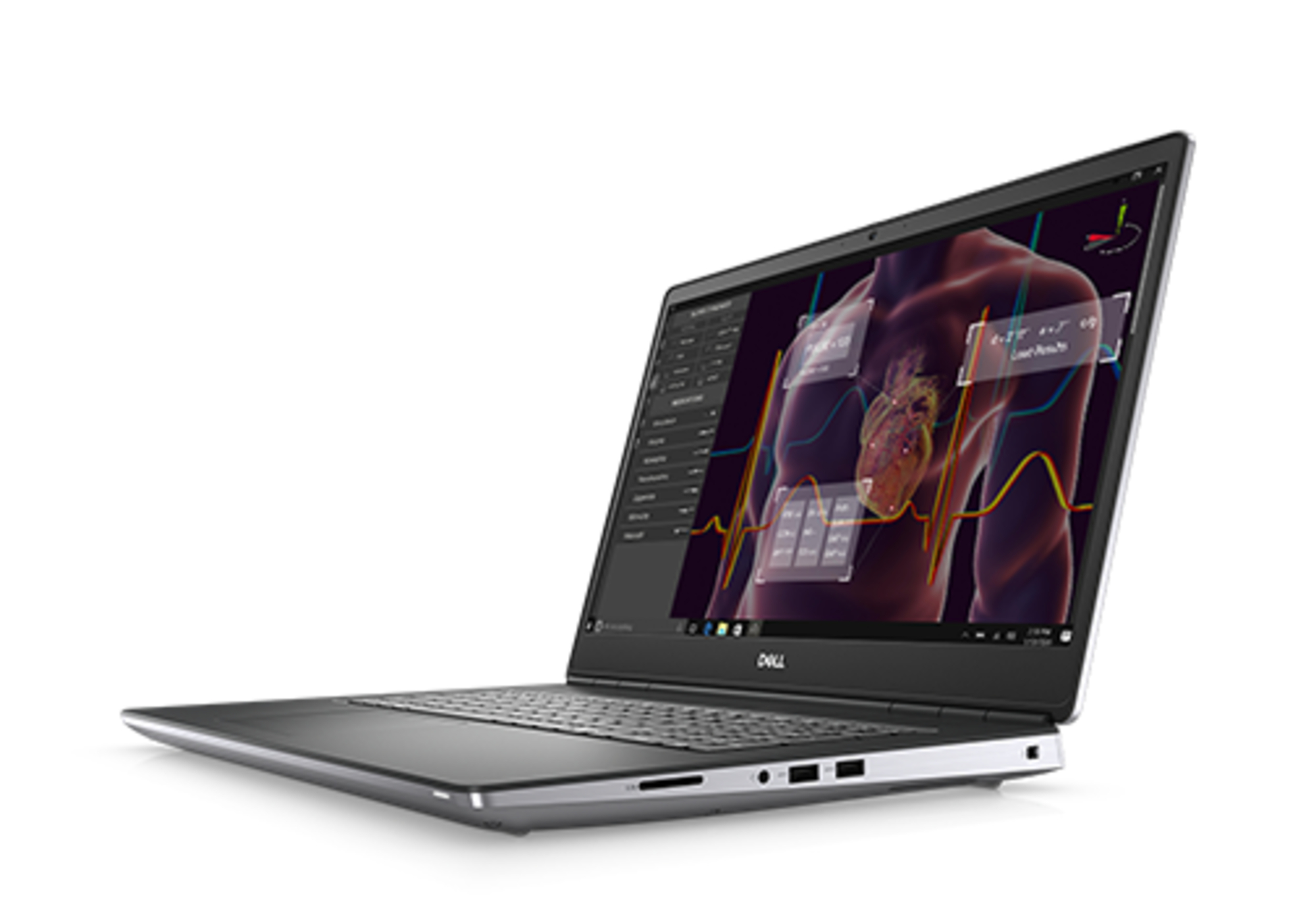 Dell Precision 7750 -- pohled zboku na otevreny notebook s klavesnici a porty na prave strane