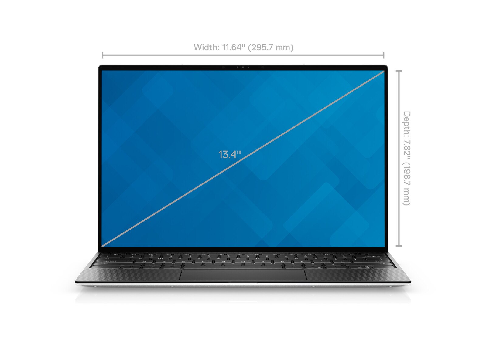 Dell XPS 13 9310 -- diagram rozměrů šířky a hloubky notebooku