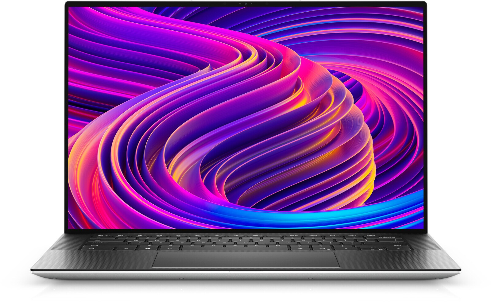 Dell XPS 15 9510 -- pohled zepředu s otevřeným displejem
