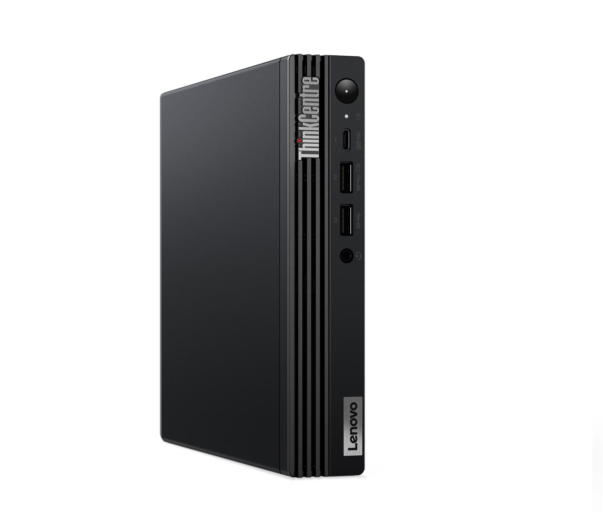 Lenovo ThinkCentre M70q Gen 3 -- boční 3/4 pohled na kompaktní tělo počítače