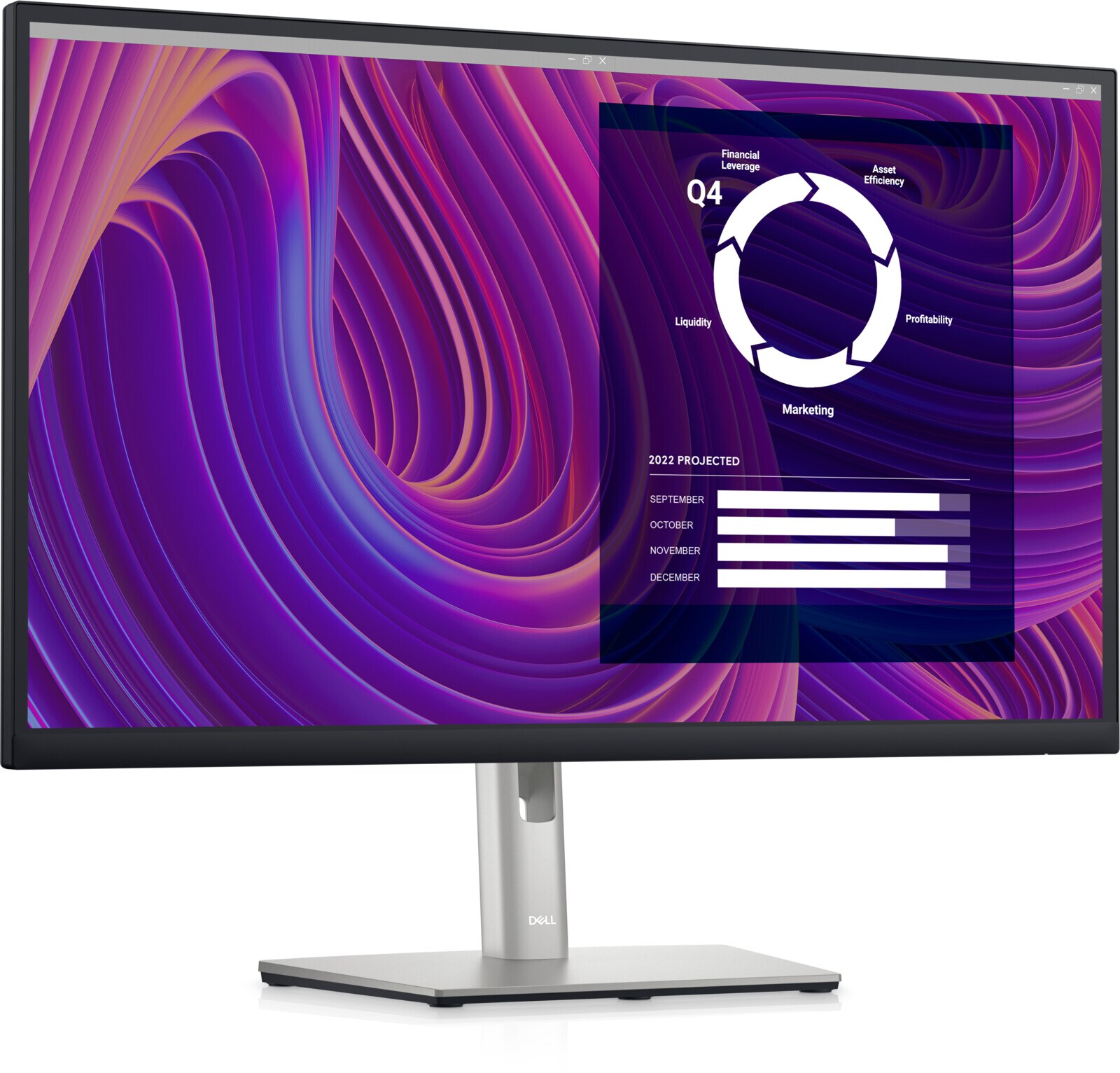 Dell P2723D – pohled tři čtvrtě s otevřenými okny na obrazovce